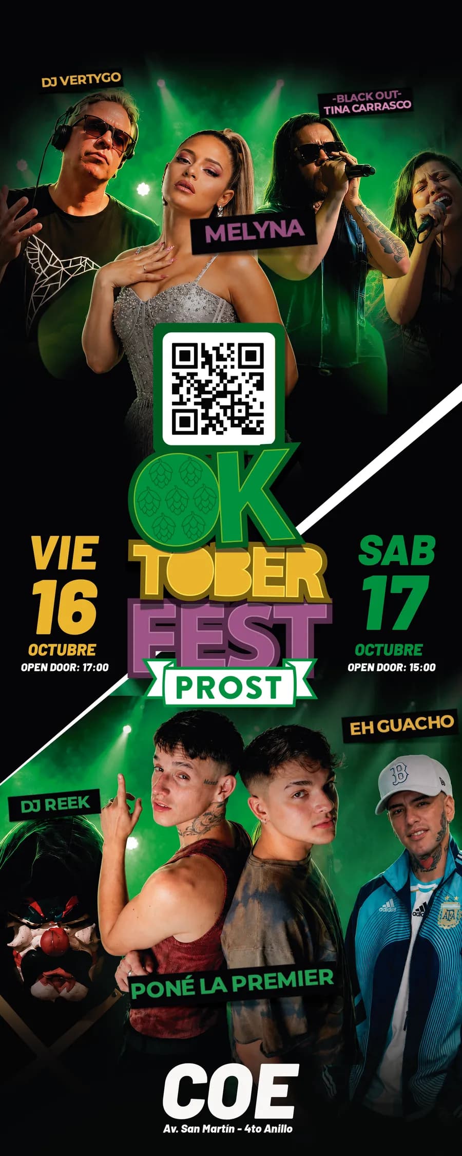 Flyer Oktoberfest Prost 2026: viernes 16 y sábado 17 de octubre en el COE, Santa Cruz