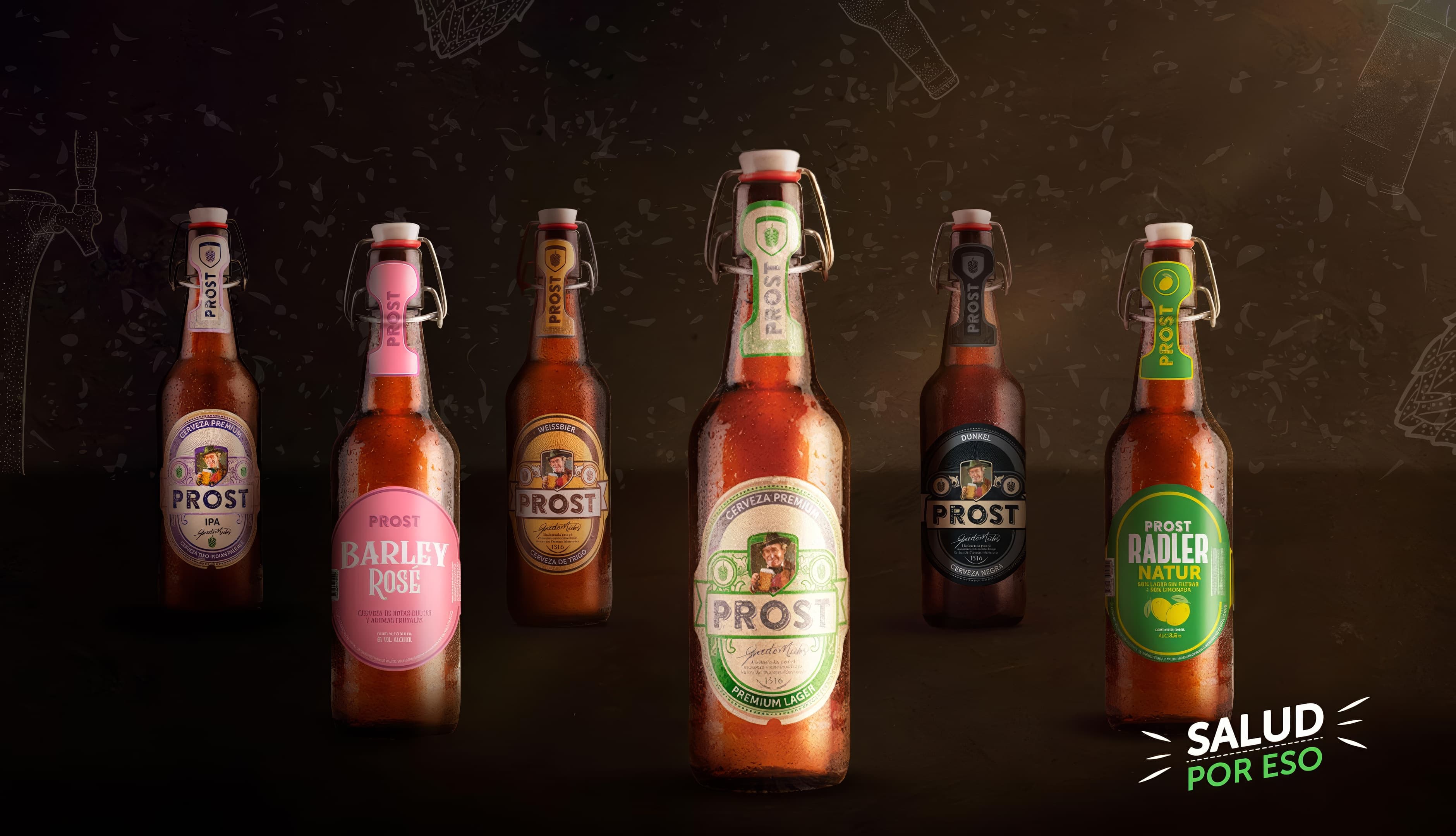 La línea completa de cervezas Prost: IPA, Barley Rosé, Weissbier, Premium Lager, Dunkel y Radler